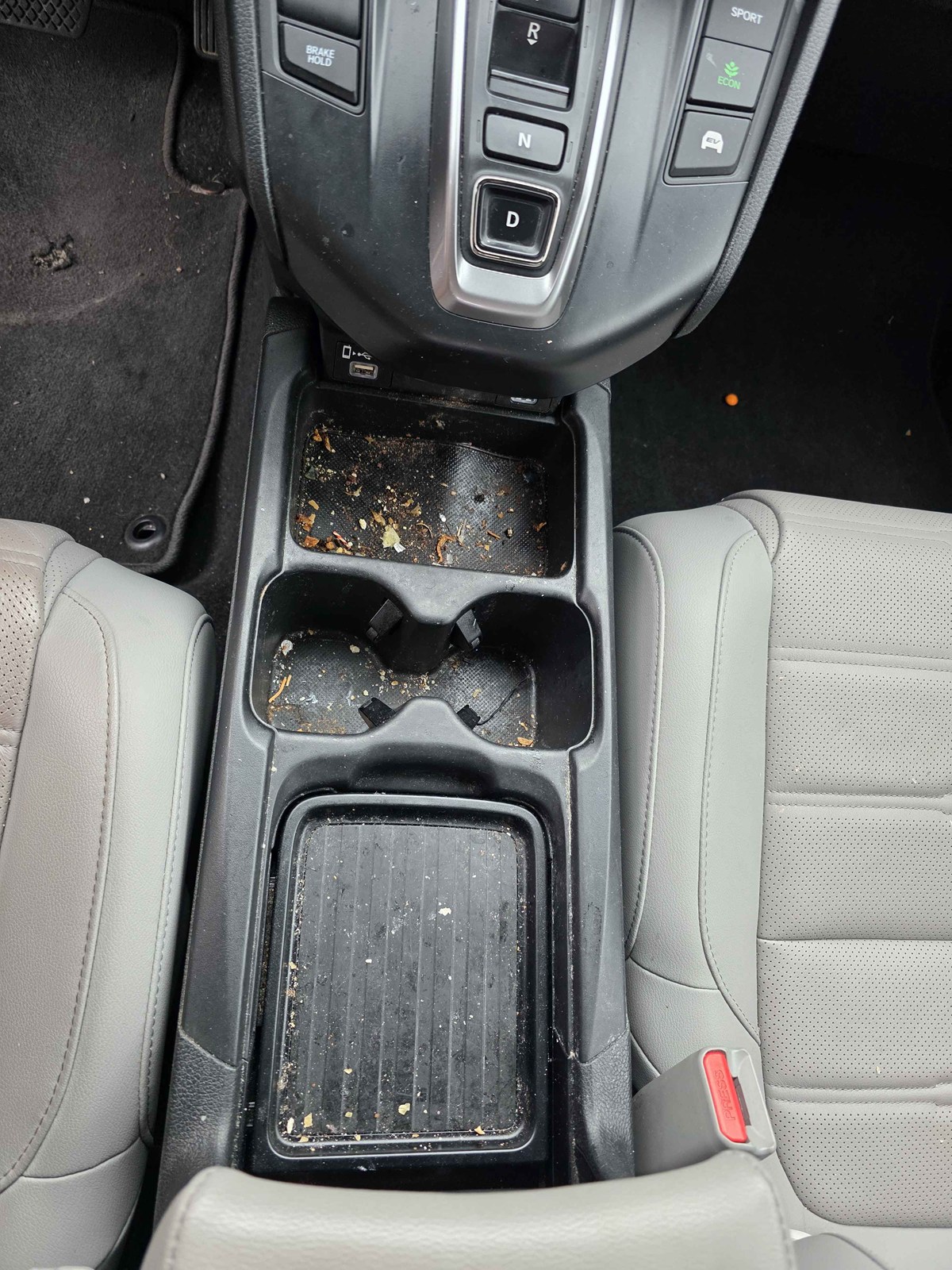 Center console and cupholders before Revival Sanitize detail